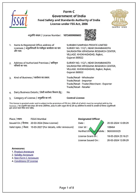 Surabhi Sampada FSSAI Certificate 
                    