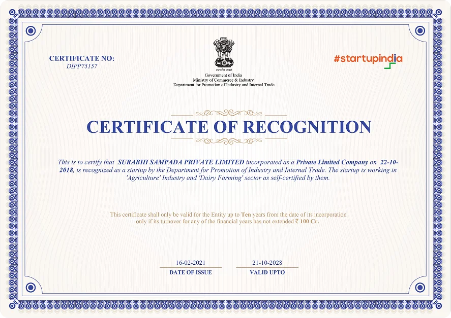Surabhi Sampada Startup India Certificate
